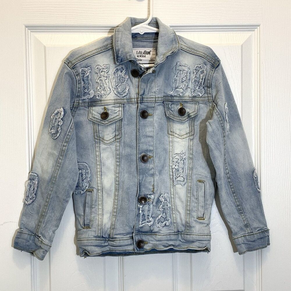 Evolution In Design Denim Jacket Youth Size 5 M Blue Acid Wash Distressed